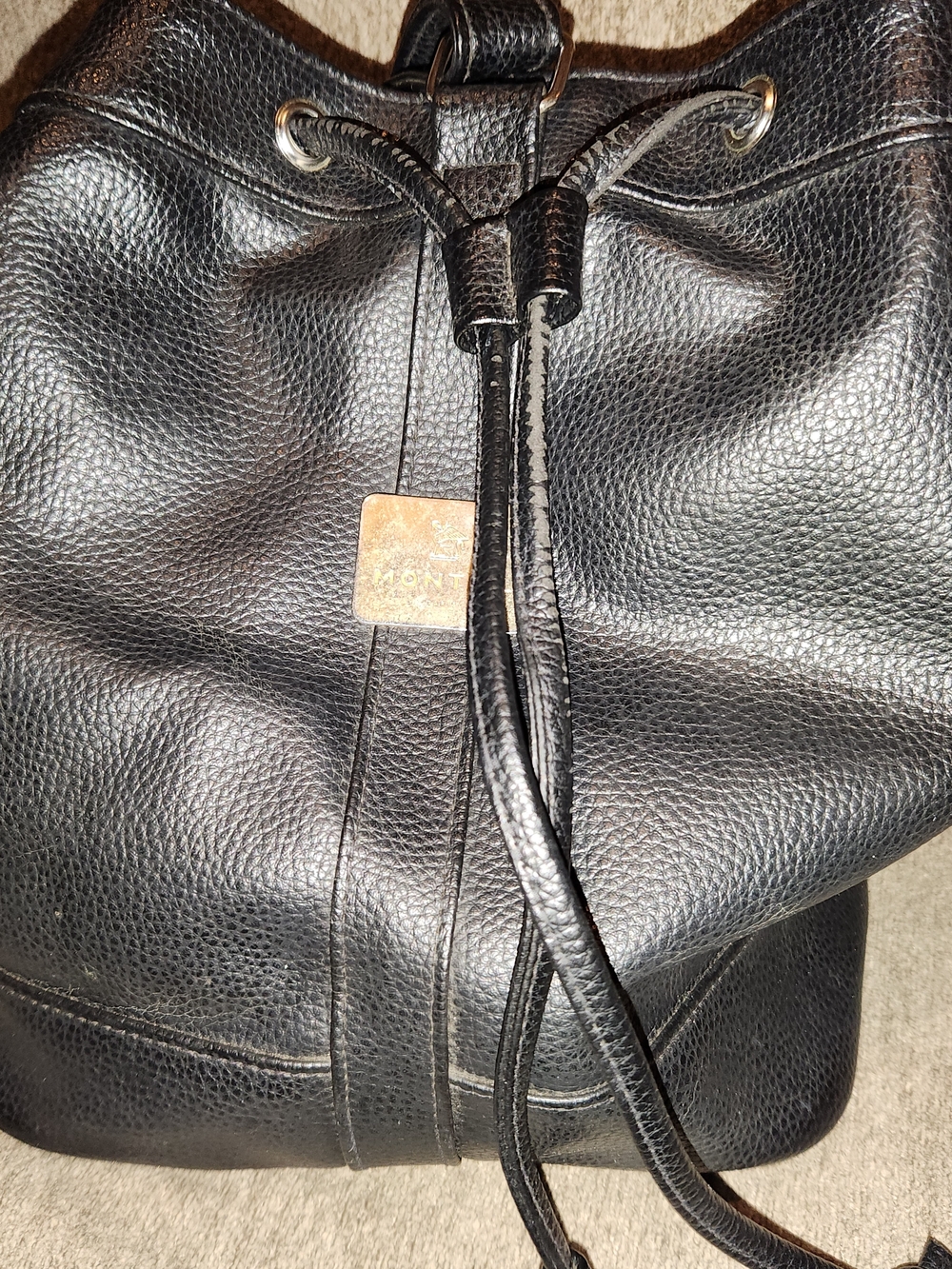 Monteil Paris Black Bucket Leather Drawstring Bag